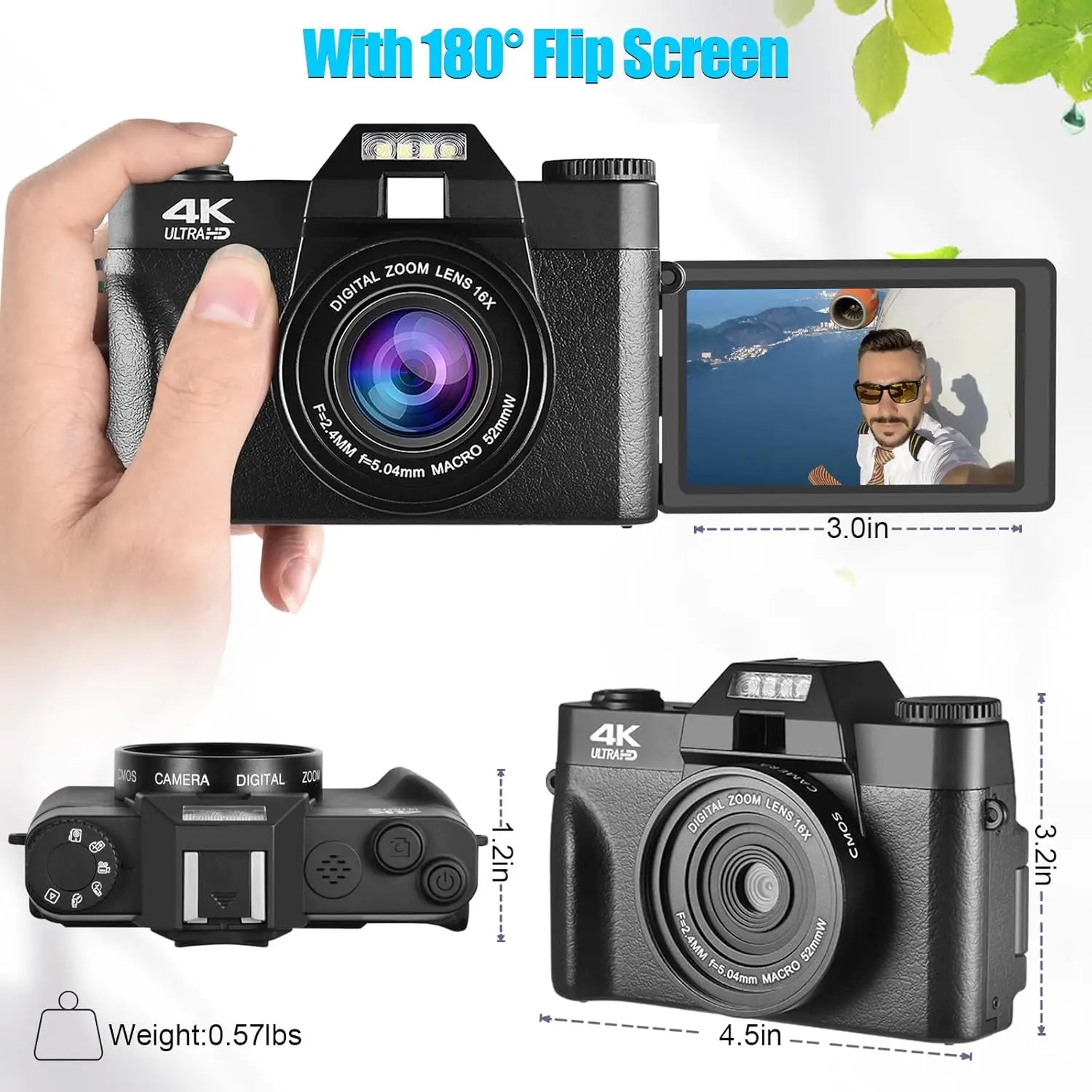 4K Digital Camera for Photography and Video,Autofocus 16X 48MP HD Vlogging Camera for YouTube with WiFi Anti-Shake Compact Vedio